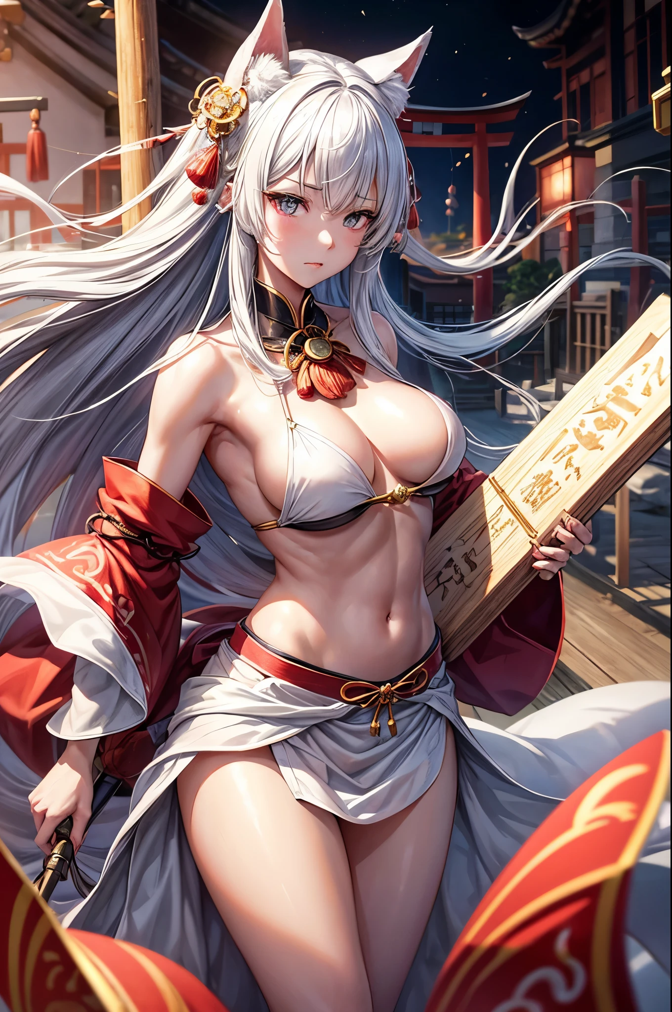 8K,Black light、angerの表現の真の芸術、angerの犬神,bushido,Fighting Poseの50歳の女性,Delicate and beautiful mature dog goddess、1 、Dog Ears,Gray Hair、日本のShrine maiden衣装を着た犬神の女王、anger,Japanese red and white Shrine maiden衣装,Glaring at the viewer,Dynamic Angle,Anthropomorphic Inugami Queen、Long white hair、so beautiful、(Super A)High resolution、Best image quality)、masterpiece、Very delicate and beautiful、Attention to detail,Rich background,((High resolutionスキン))Golden Eyes,teeth、Golden Eyes,Beautiful expression,White tail、red sacred magatama collar、Attractive body、Slim female muscular body,My abdominal muscles are so tight、Super A high resolution,Surreal,Shrine maiden衣装,赤と白のShrine maiden衣装,Wide open chest,Beautiful white bare skin,Dog Ears,Photorealistic RAW photos of the highest quality。Bright colors,Rich colors, Backlight, Cinema Lighting, Film Grain, 50mm lens, Nikon D850,Realistic Skin,Fantasy art,Character Art,超High resolution,Realistic Skin,sunset,very large breasts exposed,Fighting Pose,Shrine maiden'Red Hakama,Fighting Style,Mature Woman,middle aged,Intricate craftsmanship of the Inugami crest,Muscular Beauty,A fearless woman,