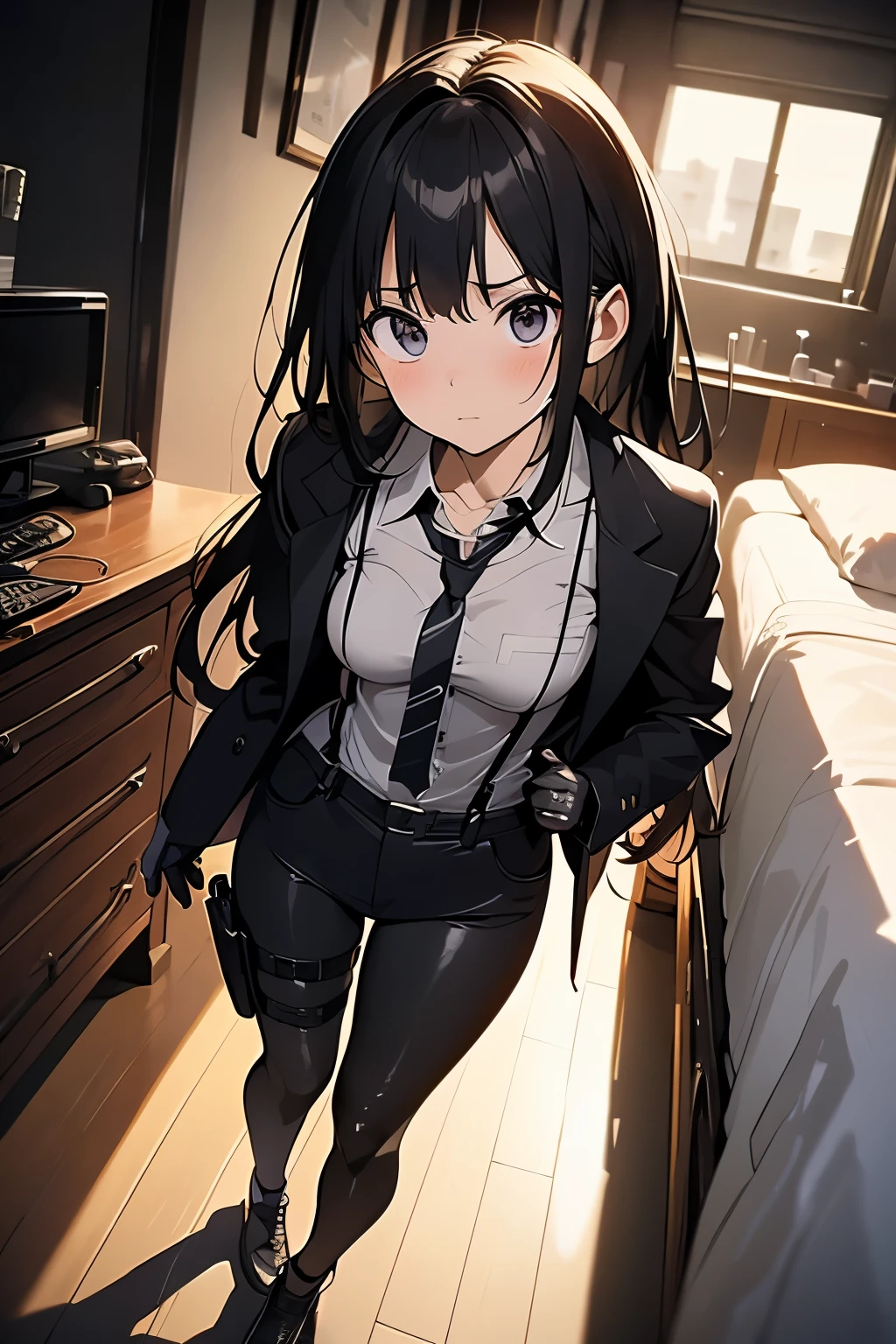 1 female, , high quality, masterpiece, Ultra-high resolution, , Cinema Lighting, , , And the suspenders with the cranes flying Moderate breasts Small face holster Lying in bed Looking up Sweat belt summer 脇Sweat Black Hole Gloves suit shirt Black jacket Black trousers Leg Links ズボンにbelt holster Hands behind your back Anxious expression Looking up Anxious face, legs apart