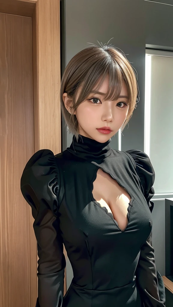 yorha no. 2 Type B, One girl, Wow, (Blindfold), chest, chestの谷間, chestの谷間 cutout, Clothing cutouts, Green background, Hair between the eyes, hair band, High resolution, Juliet Sleeve, Long sleeve, Nier (series), Nier automata, Puffy sleeves, Red lips, Shadowed face, short hair, alone, turtleneck, Upper Body, Gray Hair, null