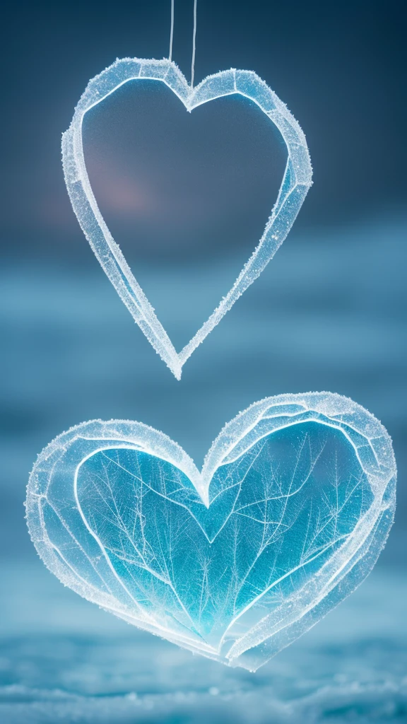Create a captivating image titled "Icy Heart." At the center, depict a human heart entirely made of ice, glowing with an eerie, cold blue light. Surround it with intricate frost patterns and delicate ice crystals, shimmering in the dim light. The background should be a vast, frozen landscape under a twilight sky, where the icy ground blends seamlessly with the darkening horizon. A faint mist hangs in the air, adding to the chilling atmosphere. The heart appears to be both fragile and enduring, encapsulating a profound sense of frozen emotion and stillness.