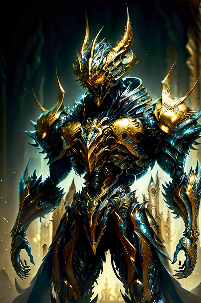 (masterpiece:1.2), best quality, high resolution, unity 8k wallpaper, (illustration:1.0), beautiful detailed, extremely detailed, perfect lighting, extremely detailed CG,glowing eyes,backlighting,armor, fake_horns, glowing, full_armor,dragon concept armor, sliver armor(the colour is gold),embedded with blue gems,warframe,humanoid_robot,horns,helmet,mask,stand in front of majestic church,looking at the viewer,solo,perspective,  full body, dazzling energy, Void and dark magic, pillar of light, wearing a platinum robe, machanical hand, negative energy, Metallic, real texture material, ultra-detailed, extremely delicate, prefect body proportions, golden ratio, anatomically correct, symmetrical face, extremely detailed eyes and face, high quality eyes, glowing eyes, creativity, prefect lighting, 