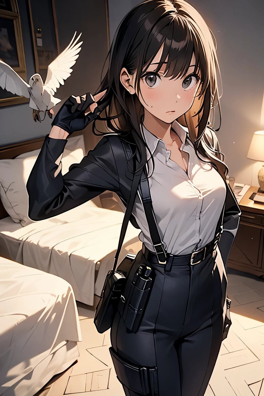 1 female, , high quality, masterpiece, Ultra-high resolution, , Cinema Lighting, , , And the suspenders with the cranes flying Moderate breasts Small face holster Lying in bed Looking up Sweat belt summer 脇Sweat Black Hole Gloves suit shirt Black jacket Black trousers Leg Links ズボンにbelt holster Hands behind your back Anxious expression Looking up Anxious face, legs apart