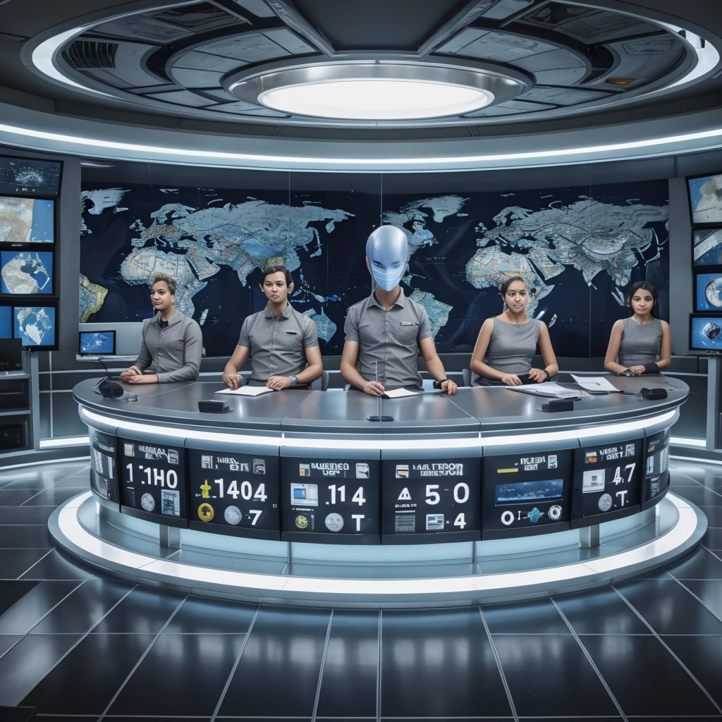 6 grey aliens are sitting behind a desk in a news broadcasting room. The background is the news casting room with screens showing maps of earth