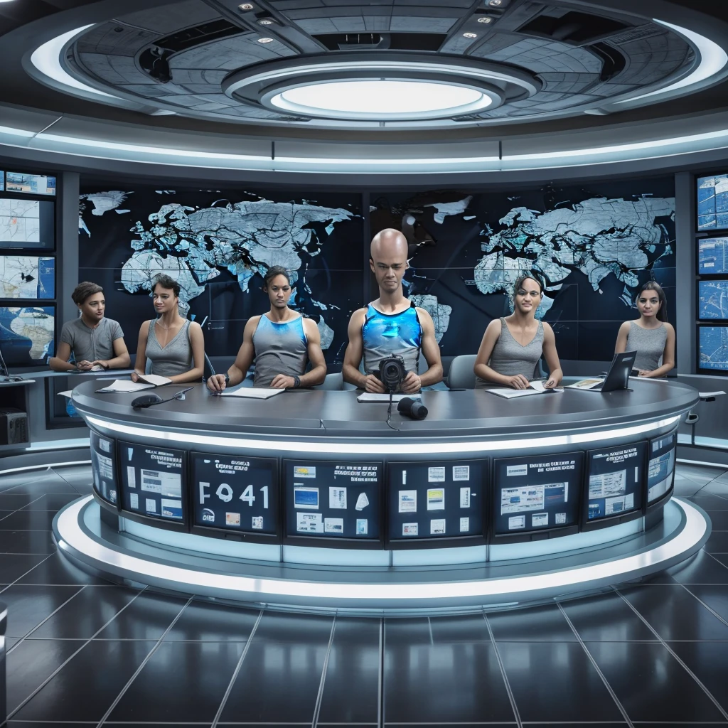 6 grey aliens are sitting behind a desk in a news broadcasting room. The background is the news casting room with screens showing maps of earth