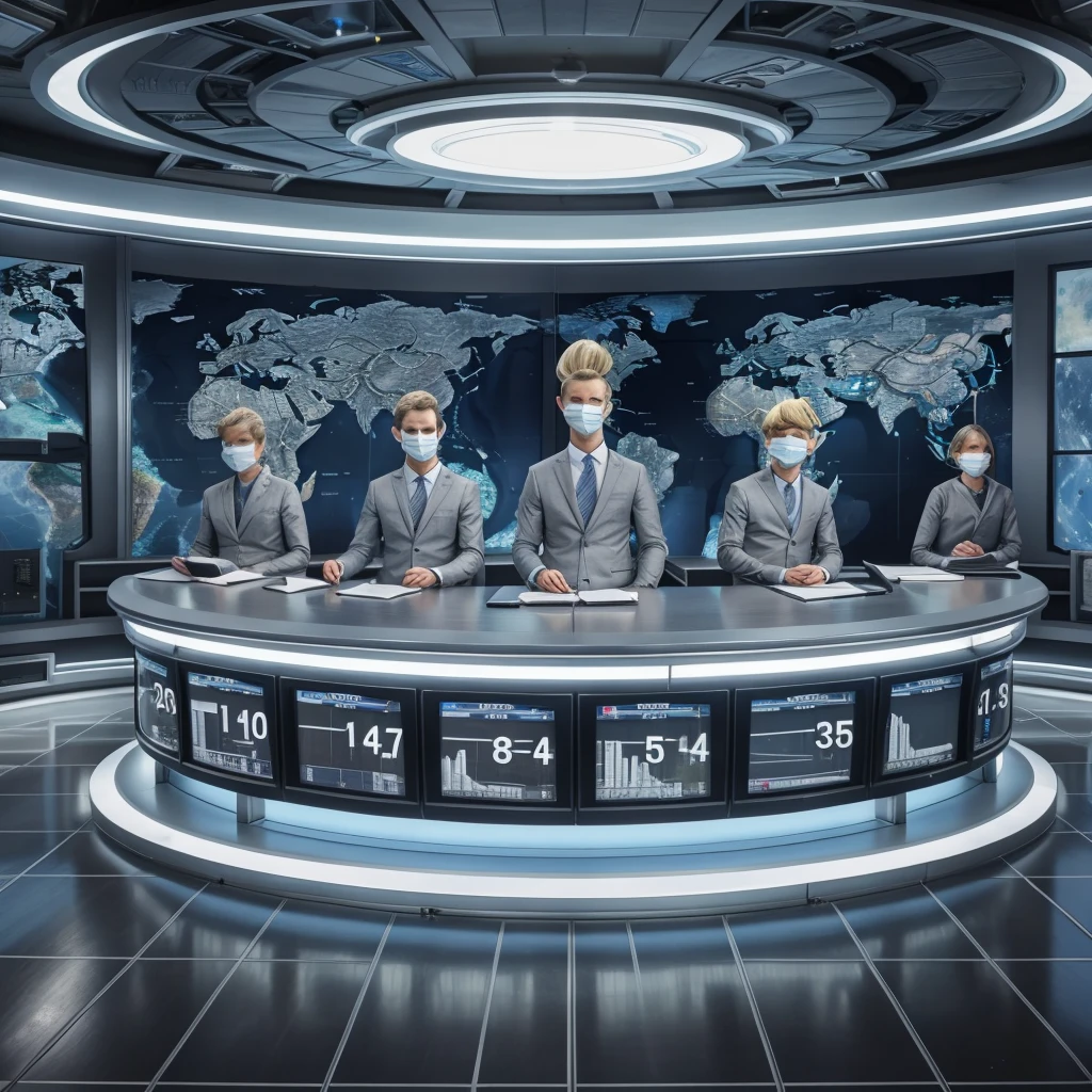 6 grey aliens are sitting behind a desk in a news broadcasting room. The background is the news casting room with screens showing maps of earth