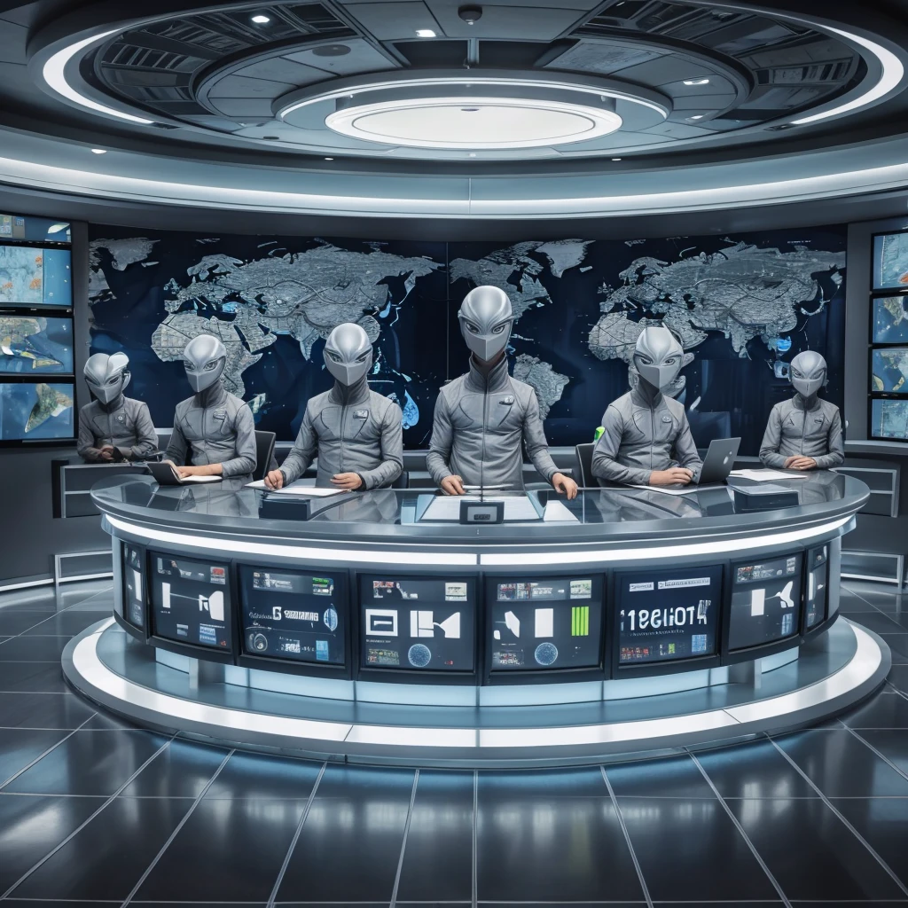 6 grey aliens are sitting behind a desk in a news broadcasting room. The background is the news casting room with screens showing maps of earth