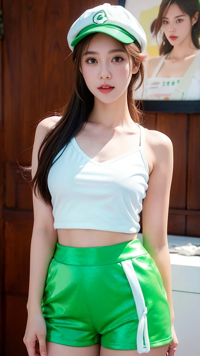 ((best qualtiy, 8K, tmasterpiece:1.3)),Focus:1.2, female high-school student,wooden cabin,(A look of determination)(adolable),delicated face,Long hair waist-length,long hair flowing,Tilt your head,ssmile,Hair details,Delicate Full Body Portrayal,Delicate depiction of the face,Best picture quality,A high resolution,细致背景,Delicate portrayal,exquisitedetails,Rich in detail,Facial strengthening,(Pink crop top top,short skirt),with blue sky and white clouds,wooden cabin,Sitting Among the Flowers,There are no bags under the eyes