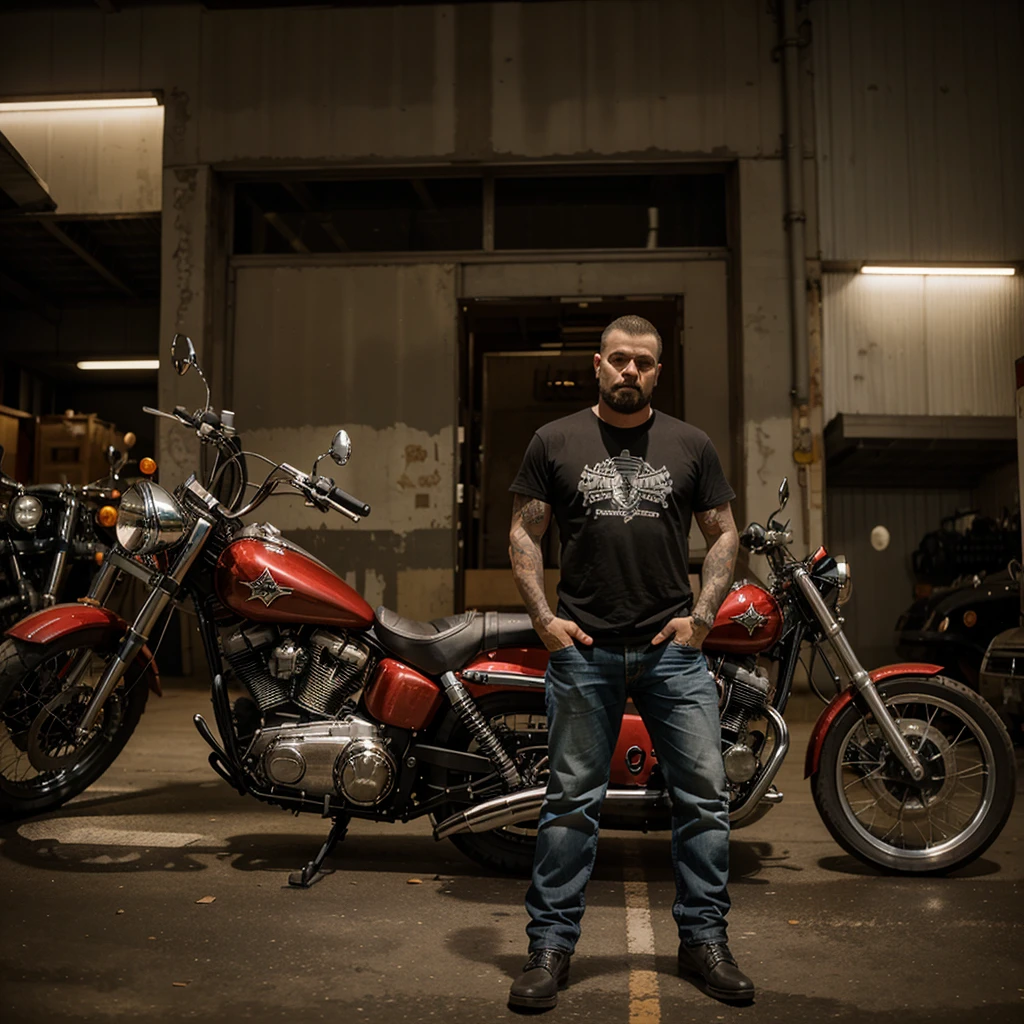 A guy from an American Mc motorcycle gang stands with his back and arms crossed next to a chopper.