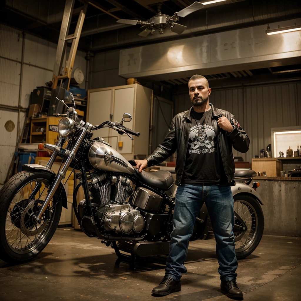 A guy from an American Mc motorcycle gang stands with his back and arms crossed next to a chopper.