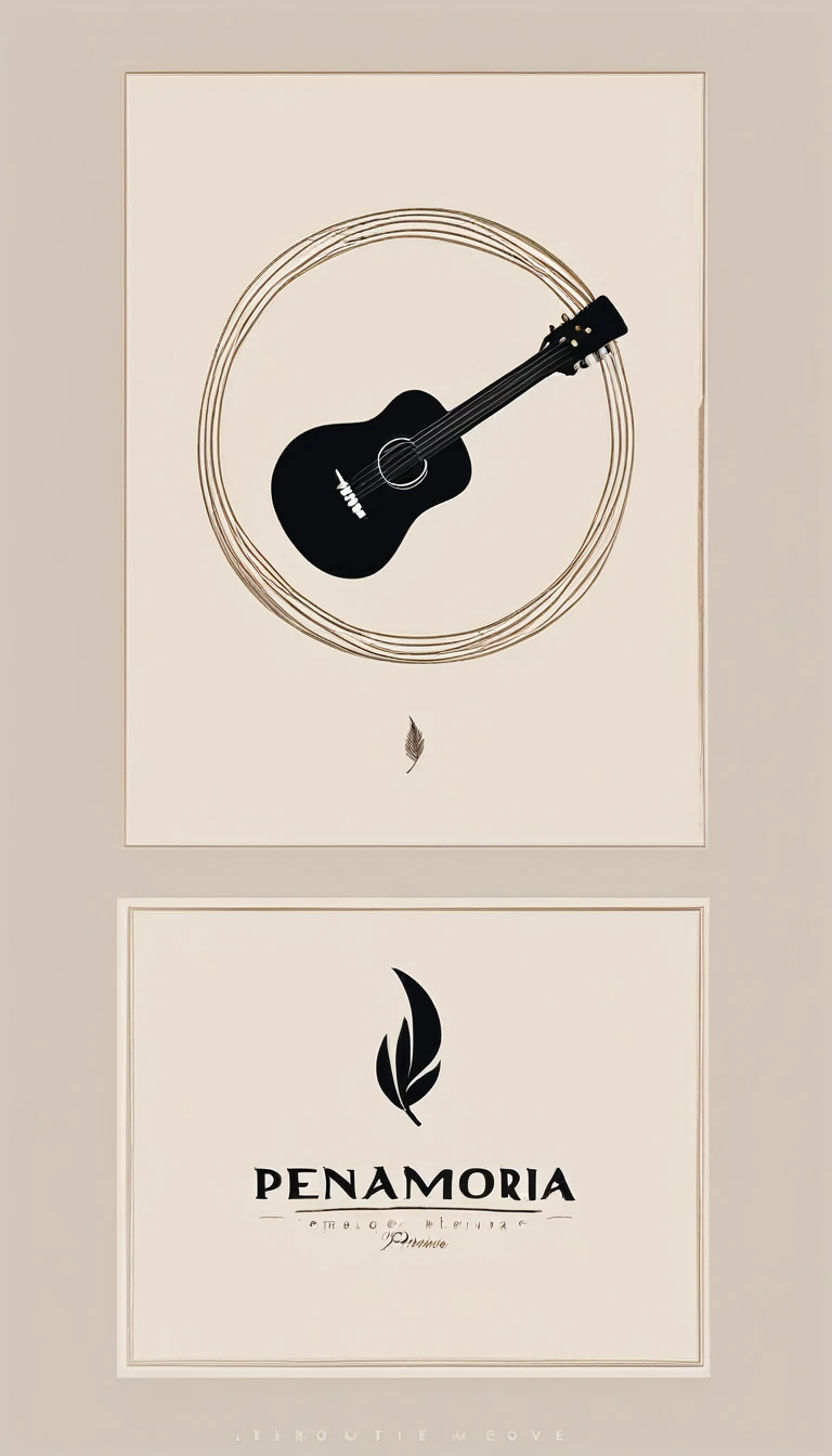 A minimal, modern, simple, cinematic logotype for the brand “Penamemoria". The logotype must be a simple, magical feather and a boy playing acoustic guitar. The logo must convey a sense of music, stories, memories and dreams. Logo design impressed on a book cover. Minimalistic logo