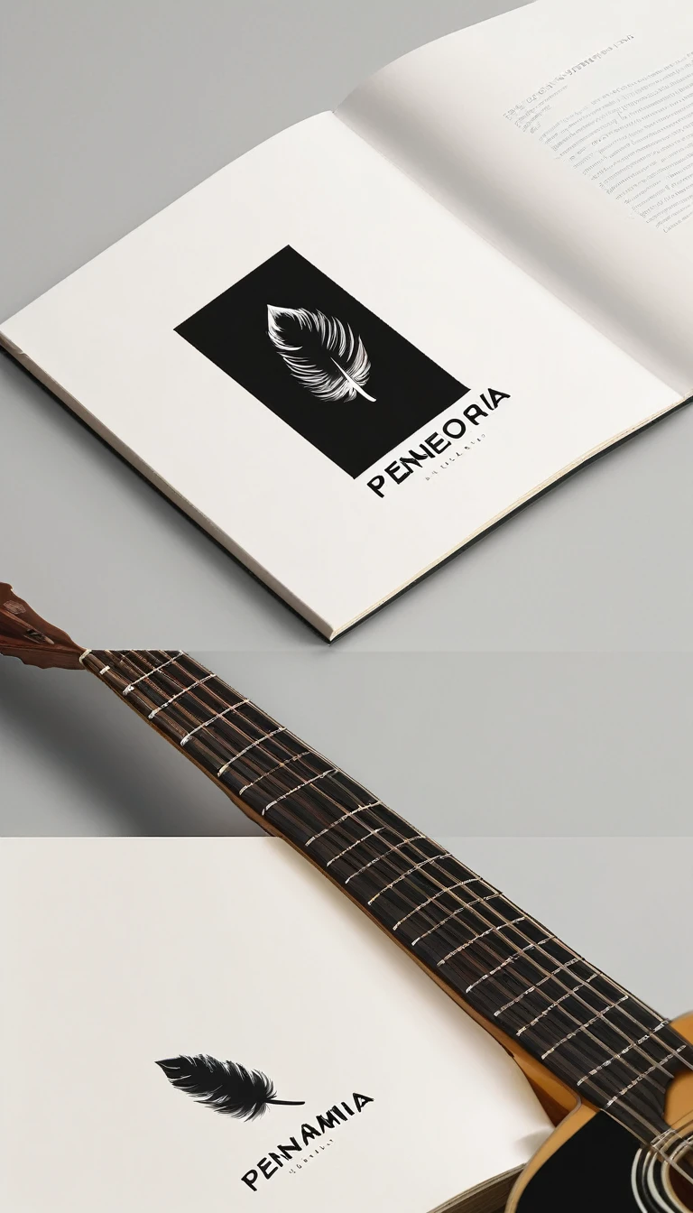 A minimal, modern, simple, cinematic logotype for the brand “Penamemoria". The logotype must be a simple, magical feather and a boy playing acoustic guitar. The logo must convey a sense of music, stories, memories and dreams. Logo design impressed on a book cover. Minimalistic logo