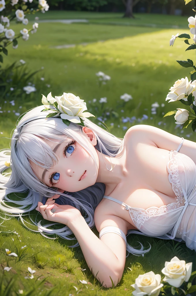 Lolita、White Rose Shrub、Soft Skin、Warm skin、色white、blue eyes、Eyes that seem to be sucked in、bionde、A little long hair、Grass、White Rose Hair Ornament、４ｋ、white、love、Lying down、Spring warmth、Flower garden、Clear skin、sunshine、Flower Field、Grass、Anatomically correct body、She is lying on the ground in the large garden, basking in the sun.、Fine detailasterpiece、Puffy nipple、Spring warmth、 Girl、Inviting Light、Primath Hair、Shiny Hair、, Hyperrealism, Fujifilm, Fujifilm, anatomically correct, anatomically correct, high quality, award winning, 1080P, 16K, HD, masterpiece, uhd,Don&#39;t show your breasts