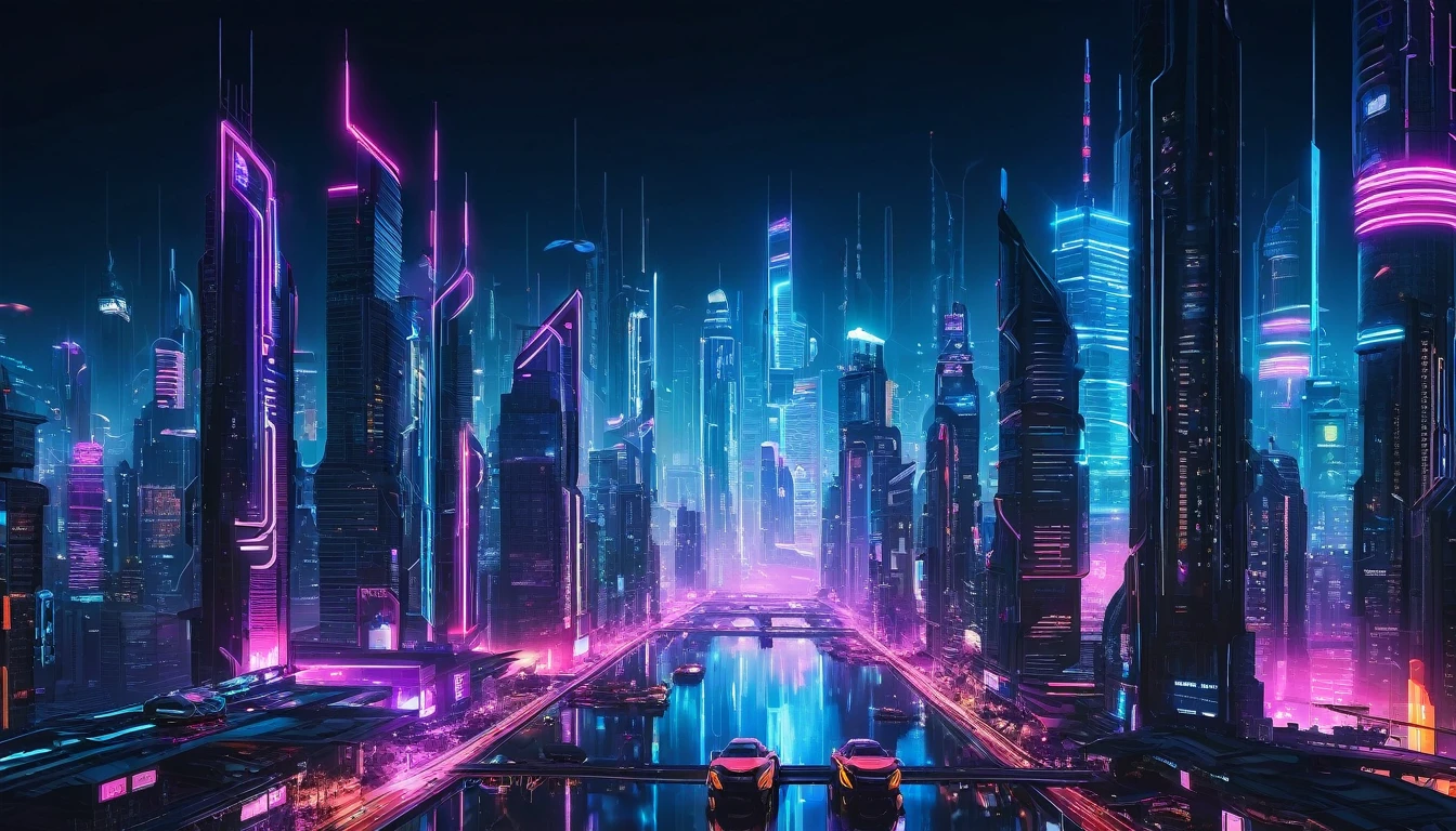 “Futuristic megacity skyline at night, with neon lights, flying cars, and towering skyscrapers. Cyberpunk style.”