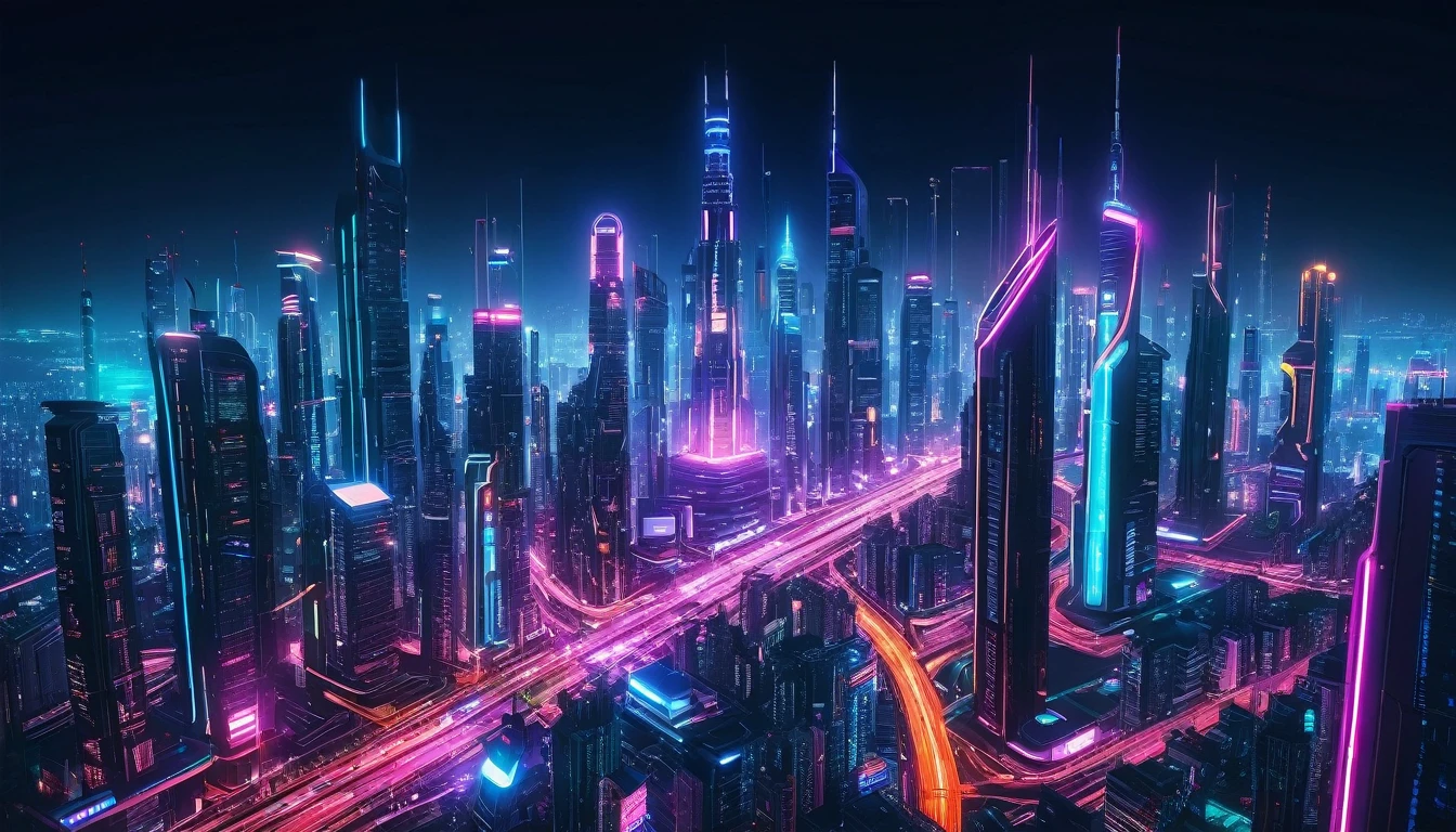 “Futuristic megacity skyline at night, with neon lights, flying cars, and towering skyscrapers. Cyberpunk style.”