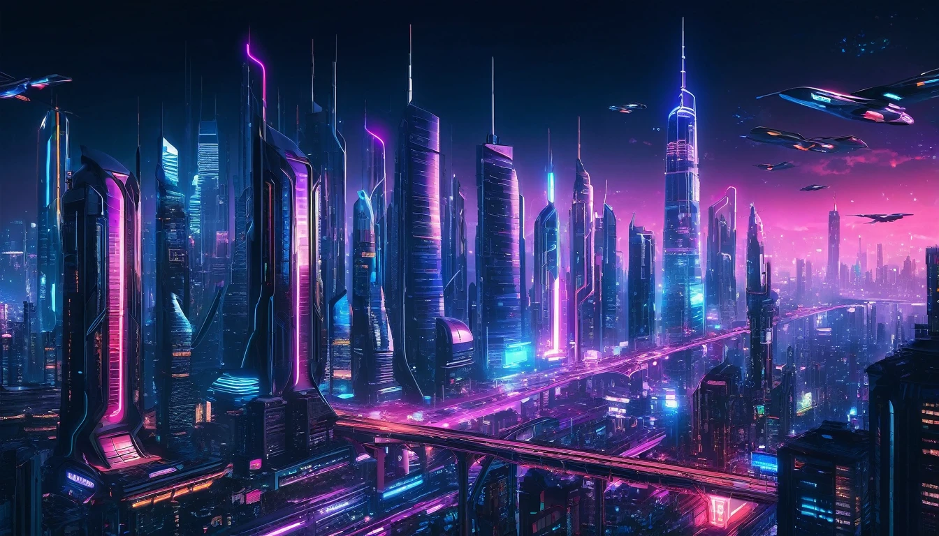 “Futuristic megacity skyline at night, with neon lights, flying cars, and towering skyscrapers. Cyberpunk style.”