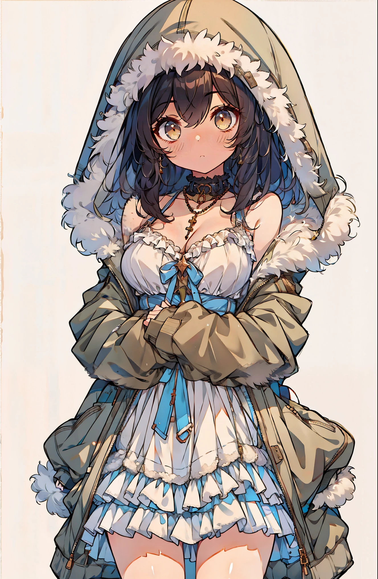 1girl,bangs,bare shoulders,blush,breasts,choker,cleavage,coat,collar,collarbone,cowboy shot,dress,eyebrows visible through hair,frills,fur,fur-trimmed cape,fur-trimmed cloak,fur-trimmed coat,fur-trimmed hood,fur-trimmed jacket,fur-trimmed sleeves,fur cape,fur coat,fur collar,fur trim,hair between eyes,hair ornament,hood,hood down,hooded coat,hooded jacket,hoodie,jacket,large breasts,long hair,long sleeves,looking at viewer,medium breasts,medium hair,necklace,open clothes,open coat,open hoodie,parka,pocket,pom pom \(clothes\),sidelocks,skirt,sleeveless,solo,winter clothes,winter coat,zipper