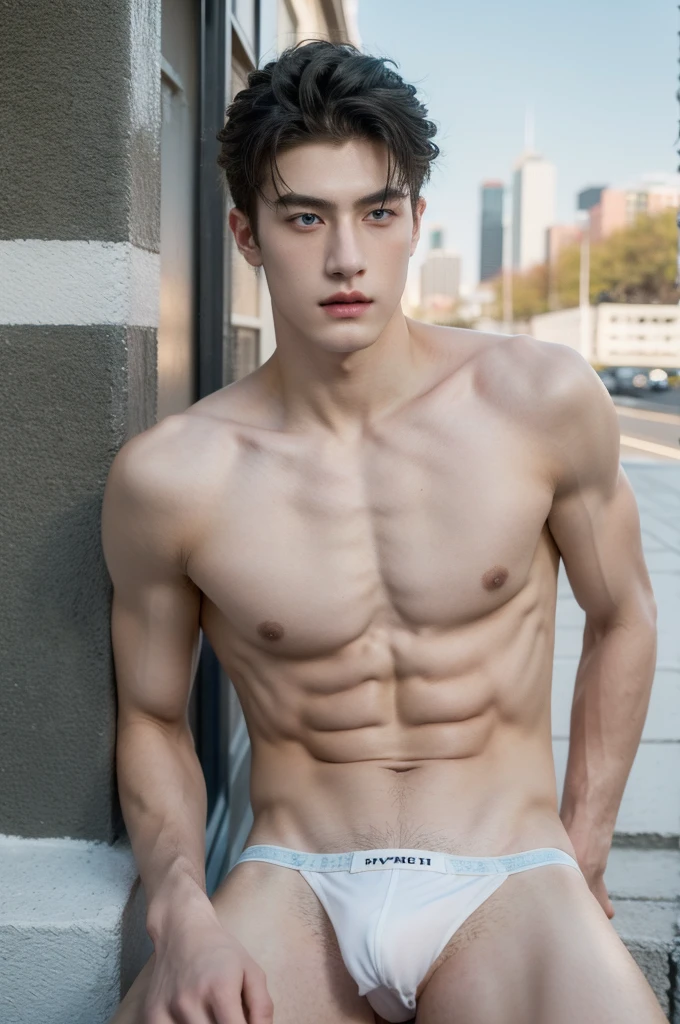 Eine hyperrealistische, 20 year old boy with white skin, light blue eyes, Dark eyebrows, show abs, topless, , shirtless, Athletic Body Spiky Hair,Serious male thoughtful observer wearing white  thong, Mokkori, winter, outdoor, city