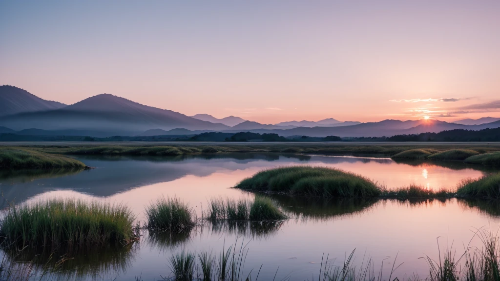 "Produce a serene and minimalist landscape at dawn with soft, pastel hues."