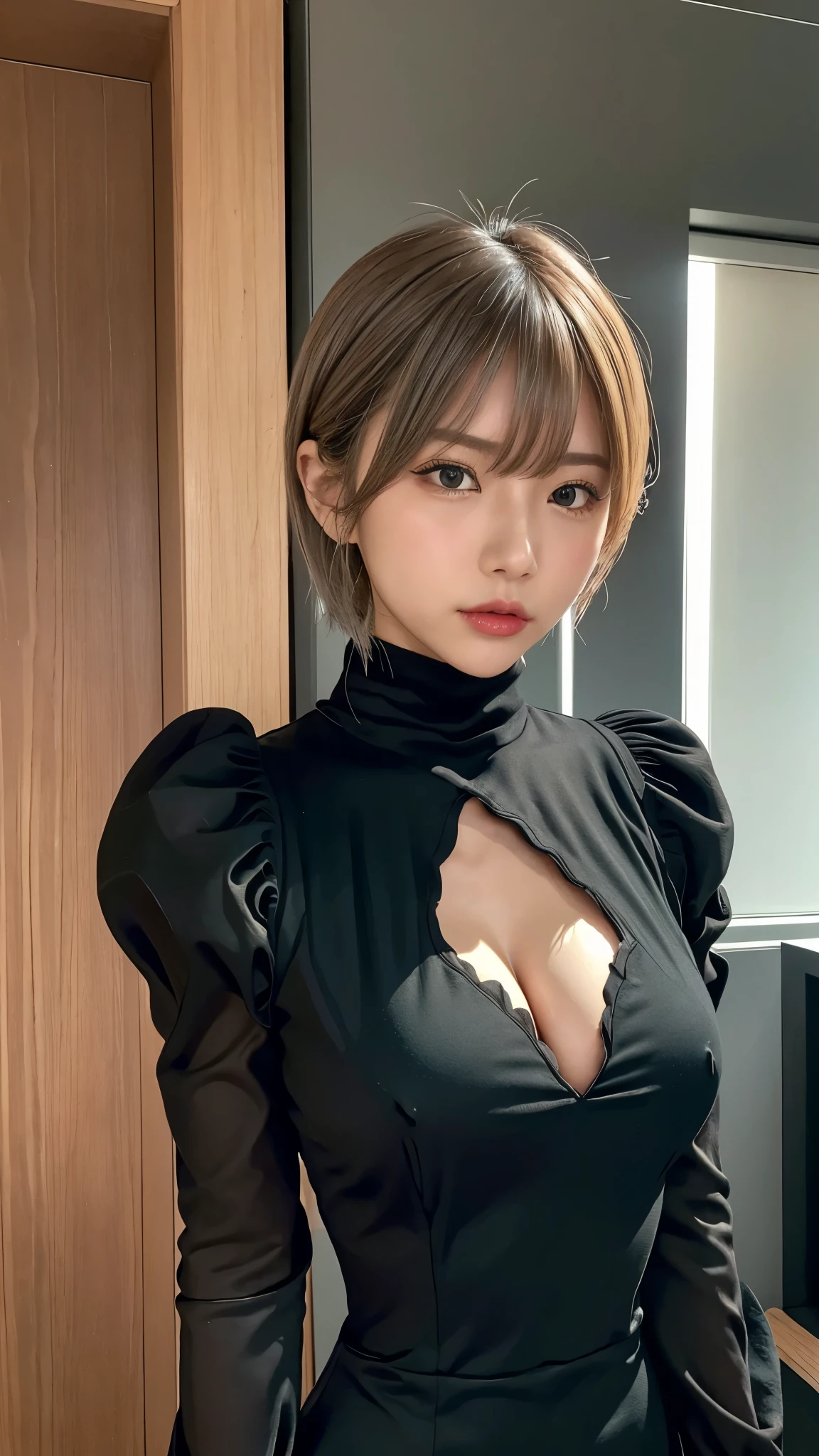 yorha no. 2 Type B, One girl, Wow, (Blindfold), chest, chestの谷間, chestの谷間 cutout, Clothing cutouts, Green background, Hair between the eyes, hair band, High resolution, Juliet Sleeve, Long sleeve, Nier (series), Nier automata, Puffy sleeves, Red lips, Shadowed face, short hair, alone, turtleneck, Upper Body, Gray Hair, null