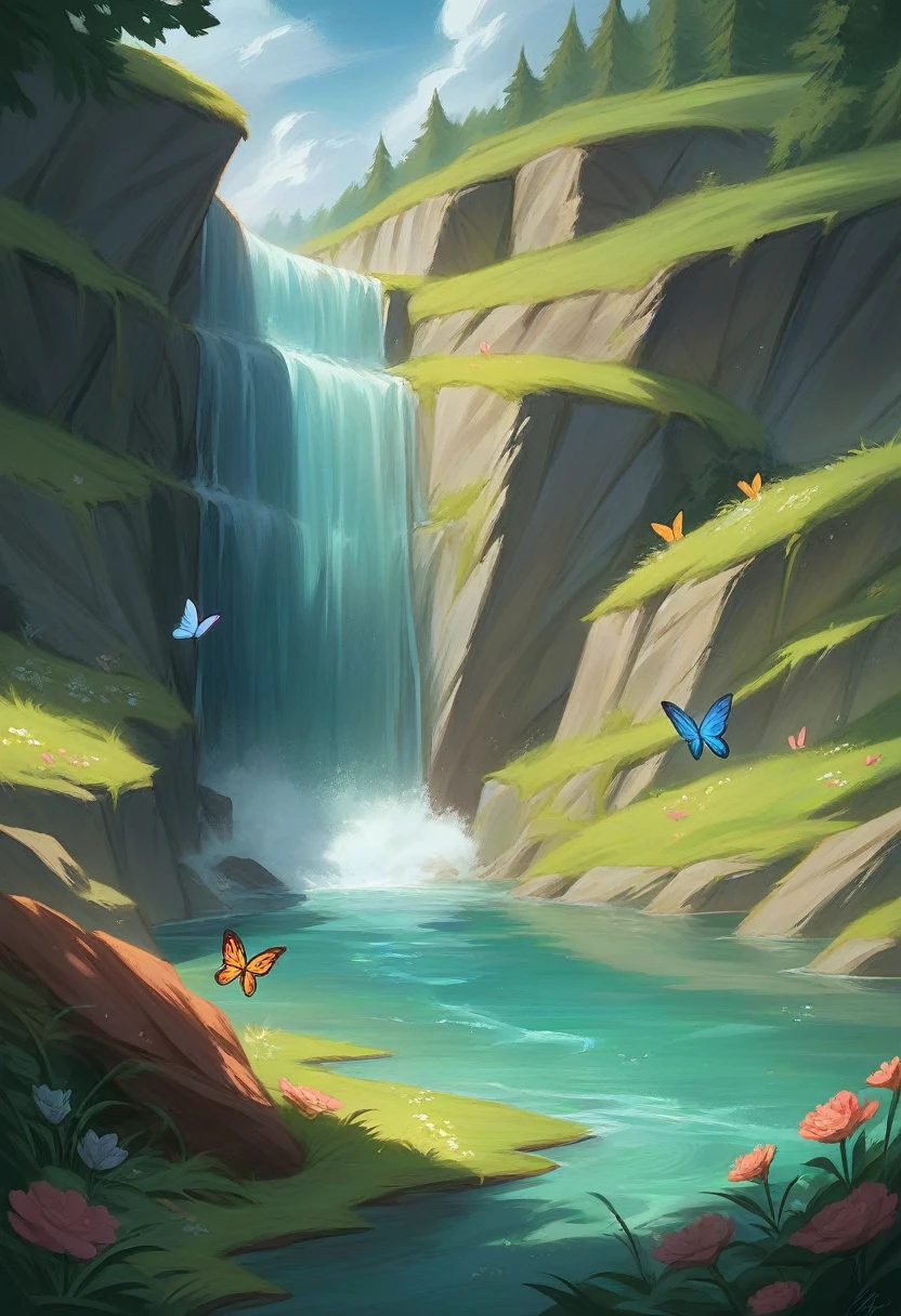 double exposure of a full body beautiful woman with flowers in her hair standing in front of the river, Mei Qing detail painting, fantasy art, Asian woman water element, beautiful fantasy portrait, goddess of nature, detailed picture, 8k high quality detailed art, 8k, very detailed painting digital, 8K HD detailed oil painting, 4K UHD beautiful art, waterfall background, grass and butterflies seem to be one with the body