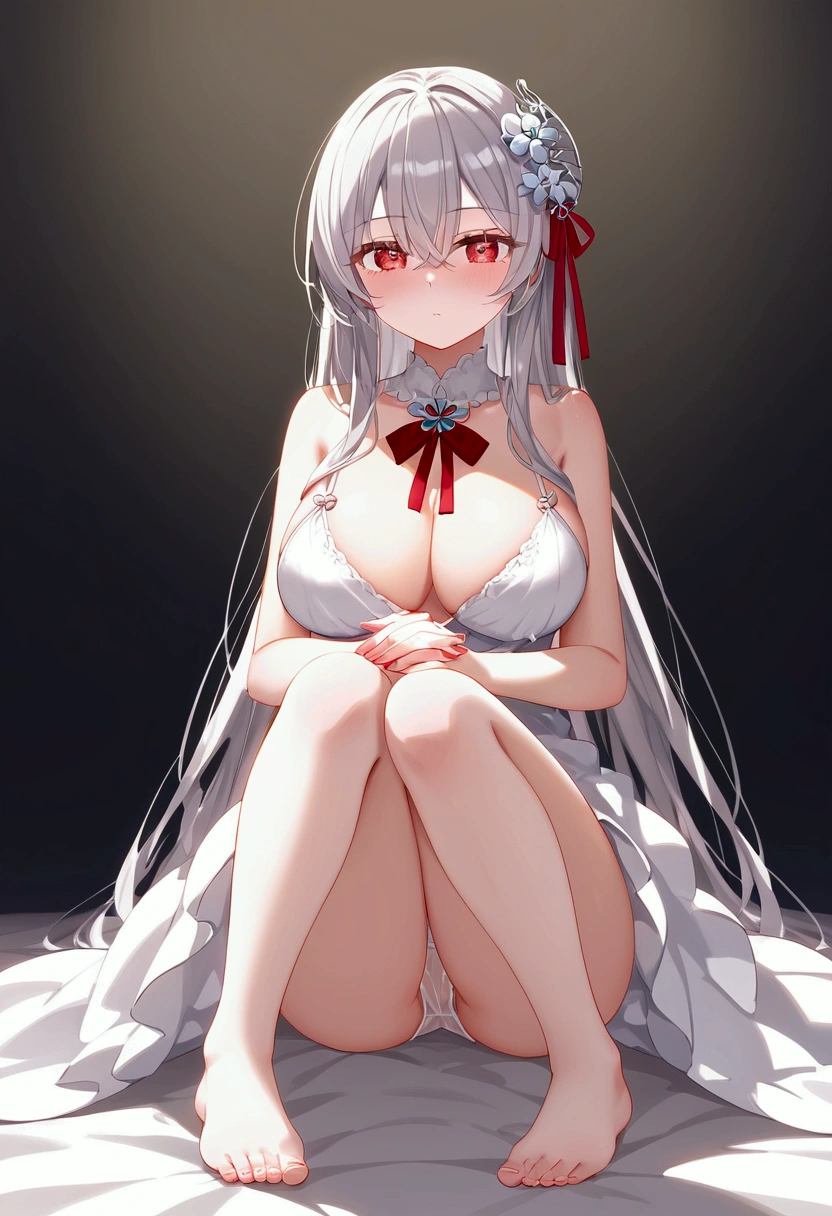 Alisa Mikhailovna Kujo,tomorrow, A friend of mine, Aya, Planning to visit Russia.、(Perfect Face, Detailed face, Beautiful Eyes,Perfect hands,Perfect Fingers)、Red face、((vapor))、hot、Maternal, feet, alone, 1 Girl, Silver Hair,Long Hair, Red ribbon hair ornament,Thin hair ornament、Big eyes, Masturbation,Blushed、Dirty Face、Expressionless、 (masterpiece:1.2, Highest quality), (細かくてBeautiful Eyes: 1.2), (Beautiful and dense face), (Sharp facial hair between the eyes)、Underwear is visible、, grinding, Transparent panties、Large Breasts、Neon lighting、look up