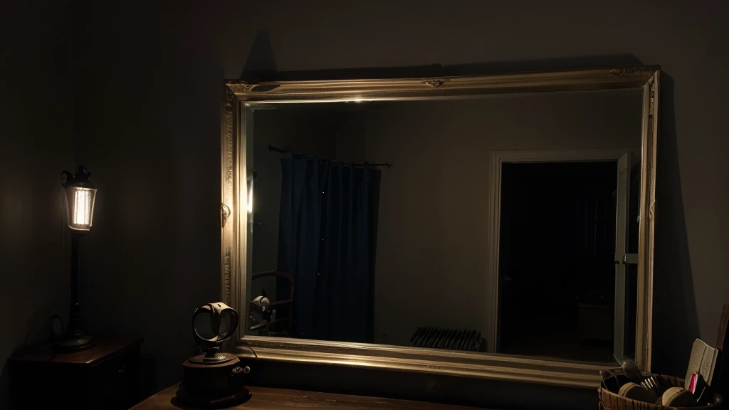  The beam of my flashlight landed on an old mirror leaning against the far wall in darkness
