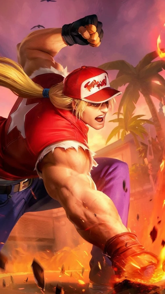 fire, explosion, sunset, flame, muscular, burning, palm tree, torch, orange sky, blonde hair, gloves, ponytail, pyrokinesis, molten rock, breathing fire, fingerless gloves, embers, campfire, tree, hat, dougi, clenched hand, 1boy, evening, punching, male focus, clenched hands, manly, long hair, fireplace, baseball cap, gradient sky, abs, twilight, firing, red sky, leaf, biceps, open mouth, fighting stance, dusk, flaming weapon