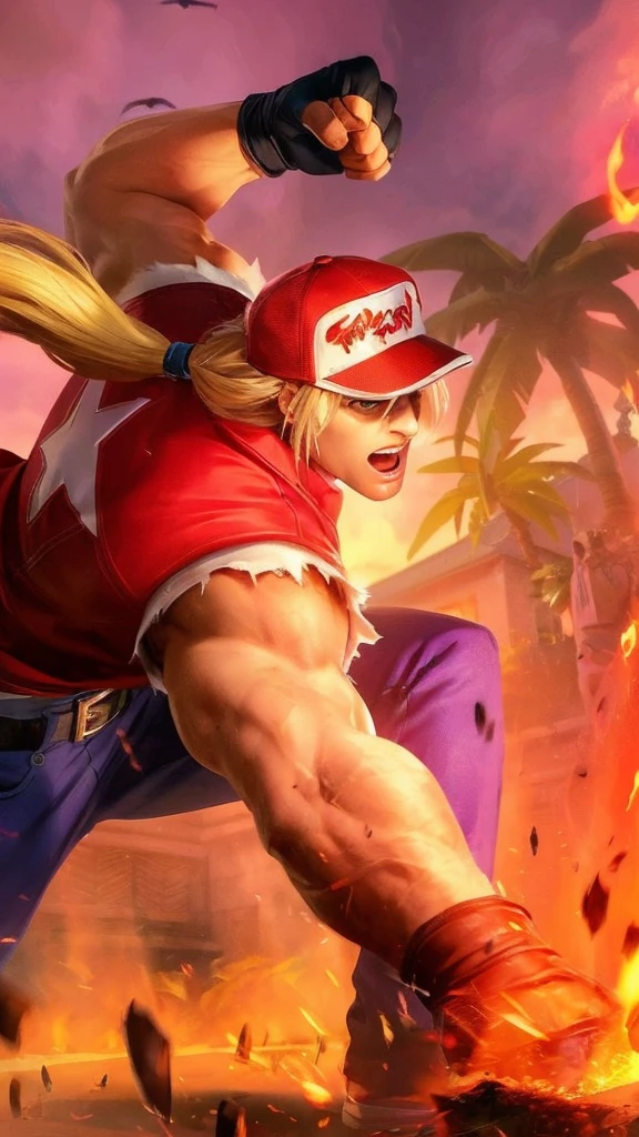 fire, explosion, sunset, flame, muscular, burning, palm tree, torch, orange sky, blonde hair, gloves, ponytail, pyrokinesis, molten rock, breathing fire, fingerless gloves, embers, campfire, tree, hat, dougi, clenched hand, 1boy, evening, punching, male focus, clenched hands, manly, long hair, fireplace, baseball cap, gradient sky, abs, twilight, firing, red sky, leaf, biceps, open mouth, fighting stance, dusk, flaming weapon