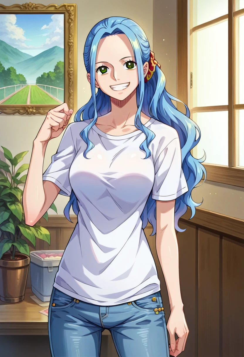 score_9, score_8_up, score_7_up, score_6_up, score_5_up, score_4_up, BREAK source_anime,smile,standing, vivi, blue hair, long hair, side locks, ponytail, wavy hair, forehead, black eyes,white t-shirt,short sleeves,jeans,denim, room, indoors,