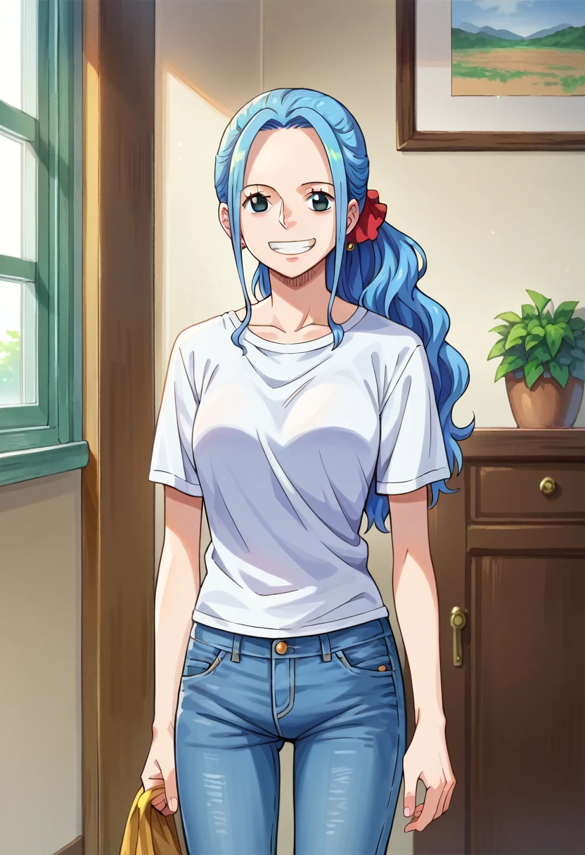 score_9, score_8_up, score_7_up, score_6_up, score_5_up, score_4_up, BREAK source_anime,smile,standing, vivi, blue hair, long hair, side locks, ponytail, wavy hair, forehead, black eyes,white t-shirt,short sleeves,jeans,denim, room, indoors,