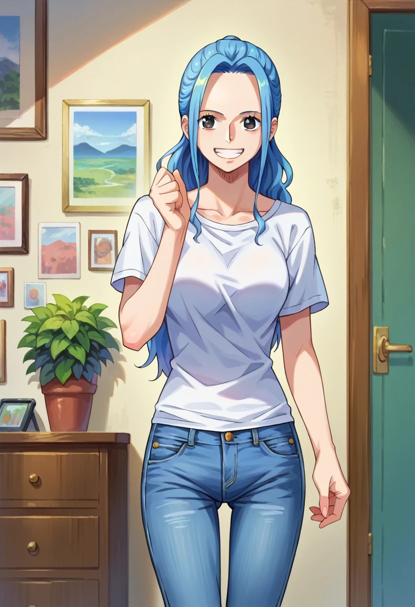 score_9, score_8_up, score_7_up, score_6_up, score_5_up, score_4_up, BREAK source_anime,smile,standing, vivi, blue hair, long hair, side locks, ponytail, wavy hair, forehead, black eyes,white t-shirt,short sleeves,jeans,denim, room, indoors,