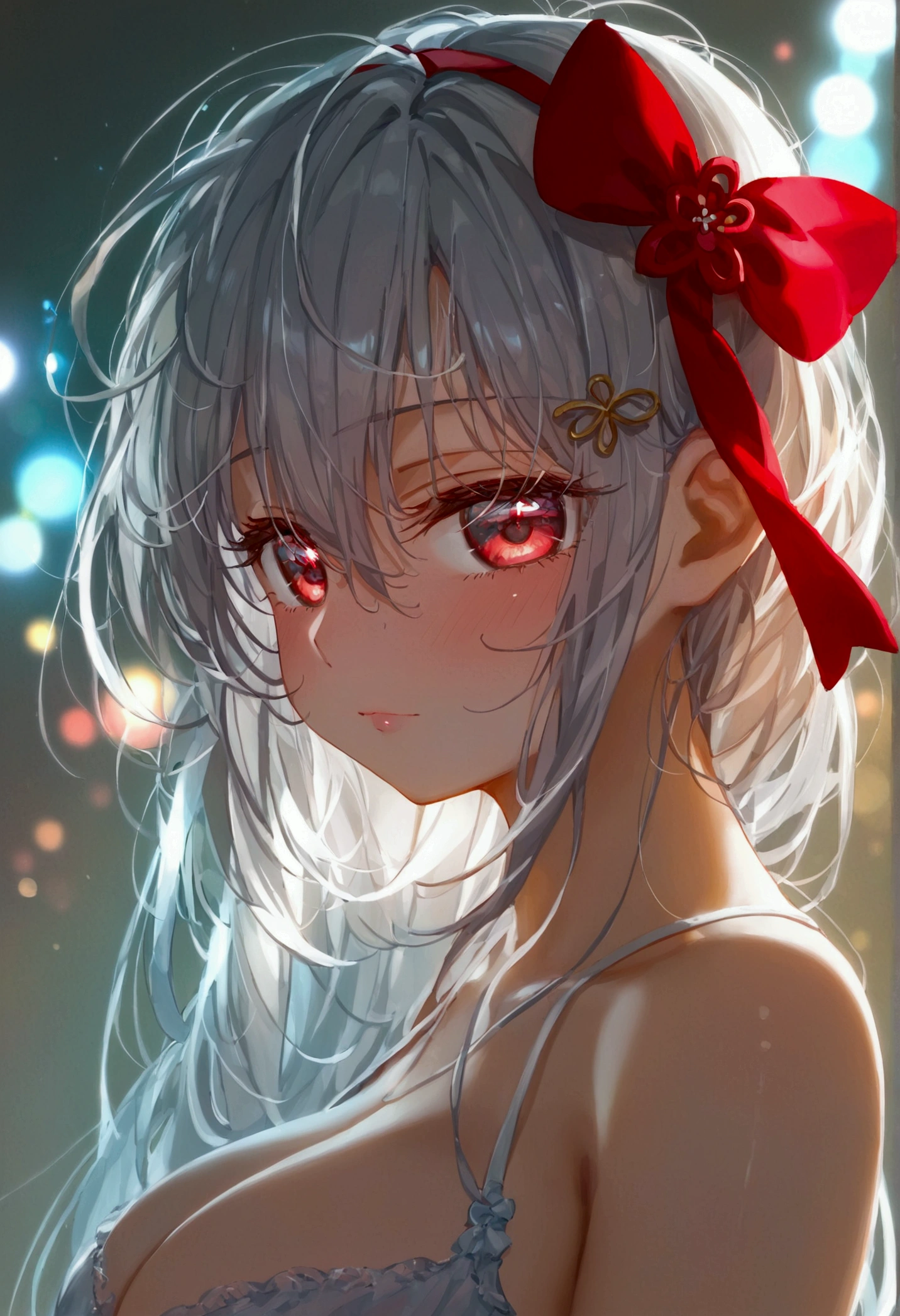 Alisa Mikhailovna Kujo,tomorrow, A friend of mine, Aya, Planning to visit Russia.、(Perfect Face, Detailed face, Beautiful Eyes,Perfect hands,Perfect Fingers)、Red face、((vapor))、hot、Maternal, feet, alone, 1 Girl, Silver Hair,Long Hair, Red ribbon hair ornament,Thin hair ornament、Big eyes, Masturbation,Blushed、Dirty Face、Expressionless、 (masterpiece:1.2, Highest quality), (細かくてBeautiful Eyes: 1.2), (Beautiful and dense face), (Sharp facial hair between the eyes)、Underwear is visible、12 years old, grinding, Transparent panties、Large Breasts、Neon lighting、look up