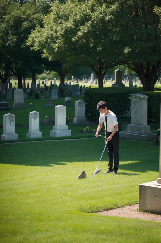 A young man cutting grass in the cemetery 