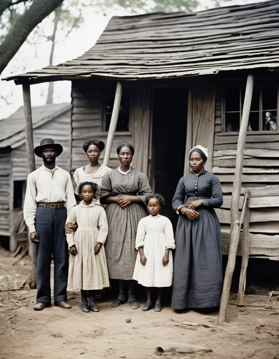 A black slave family during the American Civil War、parents、and three young children、shack