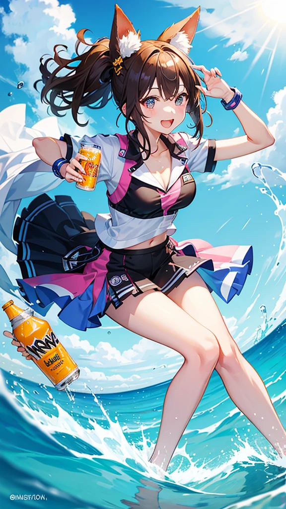 kashino, white bikini, 1girl, breasts, solo, flower, pouring, bottle, pouring onto self, looking at viewer, bangs, spread legs, black hair, blush, sitting, day, sky, open mouth, navel, outdoors, holding, front-tie top, cameltoe, blue sky, holding bottle,, skindentation, cloud, white flower, huge breasts, front-tie bikini top, hair ribbon, large breasts, white ribbon, ribbon, thighs, milk bottle, cleavage, blunt bangs, bare shoulders, wet, milk, arm support, collarbone, yasaka dxd