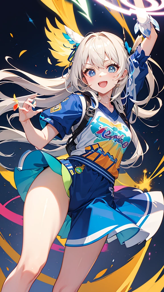 Holding an energy drink in one hand,、A lively and energetic girl