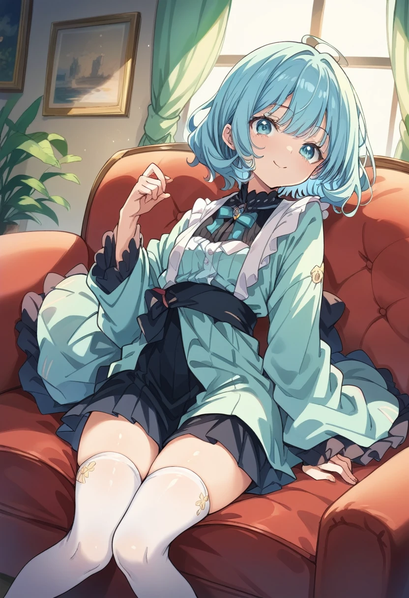 BREAK Perfect Anatomy、(High resolution:1.2)、Incredible illustrations、(Cute illustrations:1.2)、 （Beautiful background（on the couch)) ((croquis ))1 girl(Curly short cut, aqua hair)(シークレットモーニングポストグリーンティーカラーレトロスイートクールベスト,シャツ,クロップドパンツ)