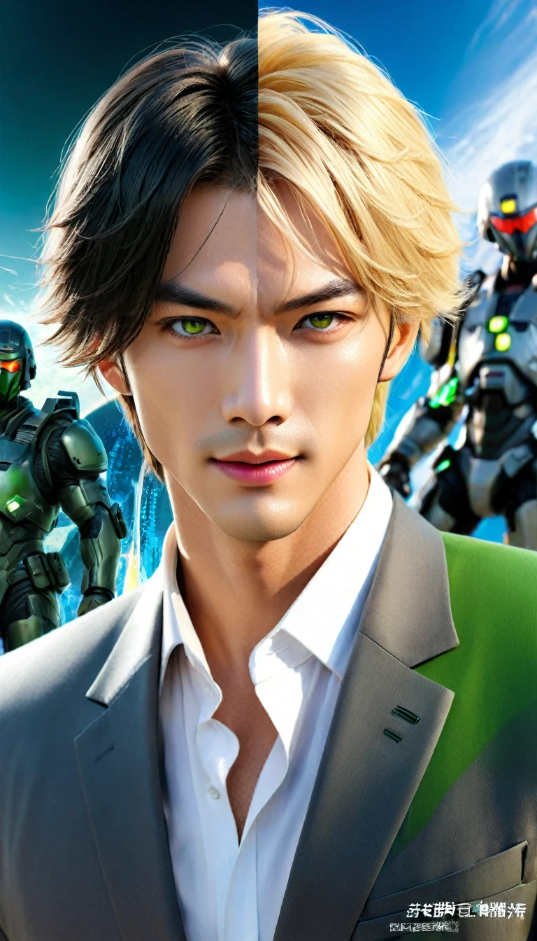 (((Ultra-realistic)))、(((Ultra-futuristic male soldier)))、Handsome male soldier High definition Realistic (((mature blonde boy)))、(((Breasts) big)))、Smooth skin、超High resolution、Realistic、Full figure、smile、Handsome middle-aged man、Handsome male soldier 、handsome brown eyes、Long flowing hair 、Very delicate and smooth skin、Former male soldier、(A very futuristic command center.)、 male soldier、(((Large chest)))、Bright green lips、(Wearing a suit fight), ((panoramic shot of boy from head to toe))