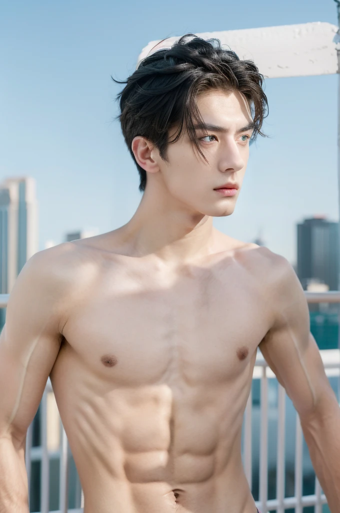 Eine hyperrealistische, 20 year old boy with white skin, light blue eyes, Dark eyebrows, show abs, topless, , shirtless, Athletic Body Spiky Hair,Serious male thoughtful observer wearing white thong, Mokkori, winter, outdoor, city