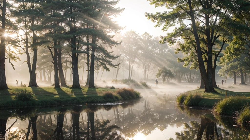 dawn, thick fog over a pond in the park, the sun's rays break through the fog