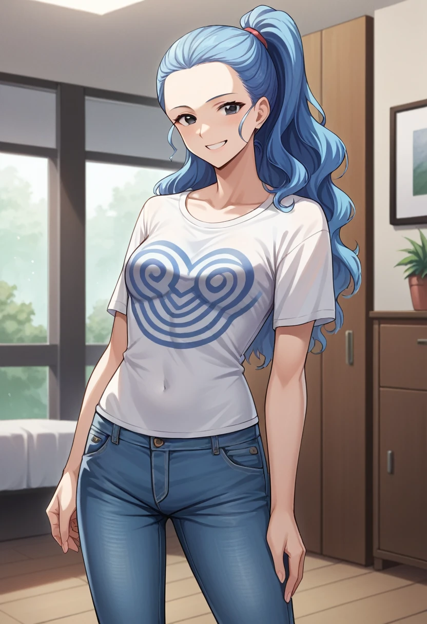 score_9, score_8_up, score_7_up, score_6_up, score_5_up, score_4_up, BREAK source_anime,smile, vivi, blue hair, long hair, side locks, ponytail, wavy hair, forehead, black eyes,white t-shirt,short sleeves,jeans,denim, room, indoors,
