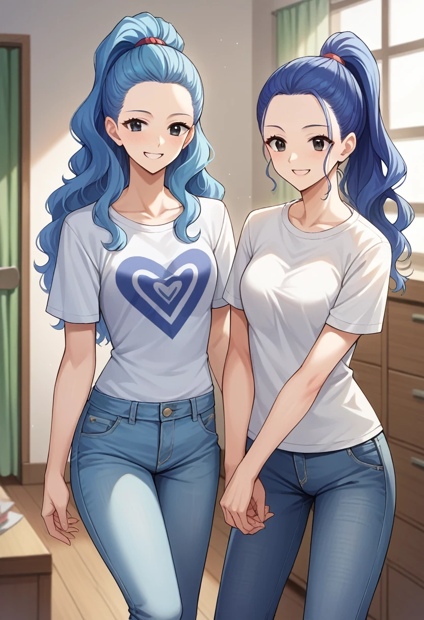 score_9, score_8_up, score_7_up, score_6_up, score_5_up, score_4_up, BREAK source_anime,smile, vivi, blue hair, long hair, side locks, ponytail, wavy hair, forehead, black eyes,white t-shirt,short sleeves,jeans,denim, room, indoors,
