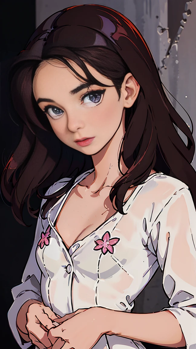 Korean woman holding flower name, luxury dress, , Close-up photo, Complete Hand, clip on hair whit clip, ((Small tits)), at night, ((Dress with open chest)), Deep black background, nipples, pink headband