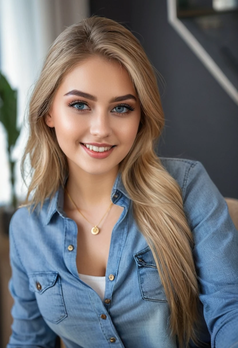 hyperrealistic beautiful busty 18-year-old women with long legs wearing a button up shirt and blue jeans, large breasts, full body image, long blonde hair, dark eye makeup with eyeliner, seductive smile, small necklace, 8K, Best quality, Meisterwerk, ultra high resolution, (Realismus: 1.4), Originalfoto, (realistische Hautstruktur: 1.3), (Filmkorn: 1.3), (Selfie-Winkel), 1 girl, Beautiful round hazel eyes and facial details, Meisterwerk, Best quality, cute face, curvy, sitting in a chair at home