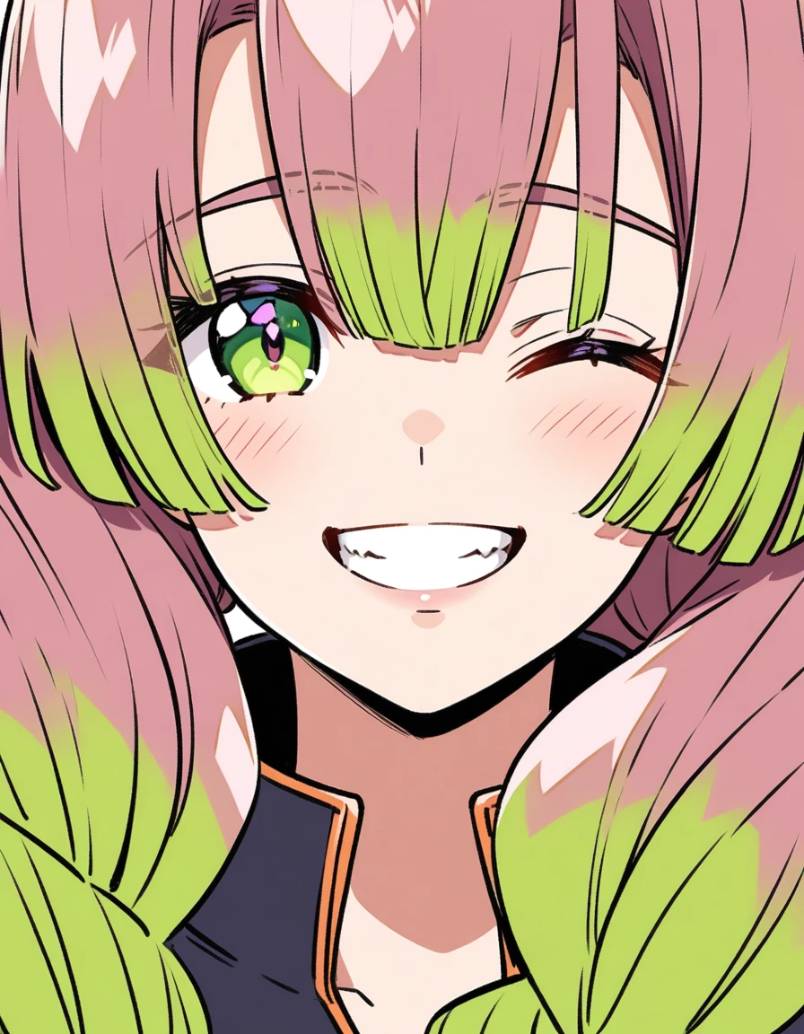 mitsuri kanroji, smiling, half body, portrait, teeth, eyes closed