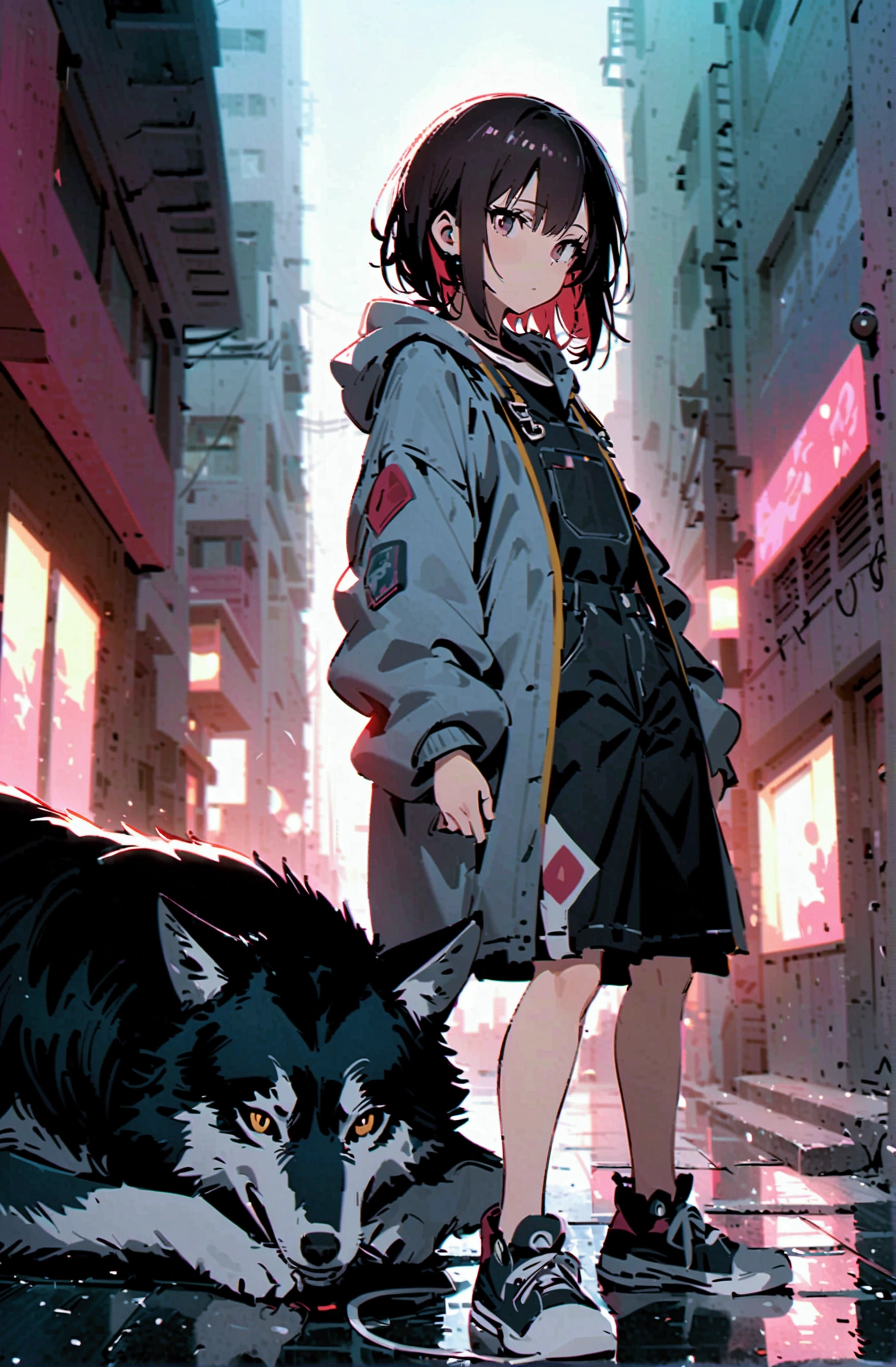 A woman in a dark room, 1 wolf, Overall dark atmosphere, Wearing earbuds, Black Hair, Dark Eyes, Medium Short Hair, Sleepy look, Oversized clothes,