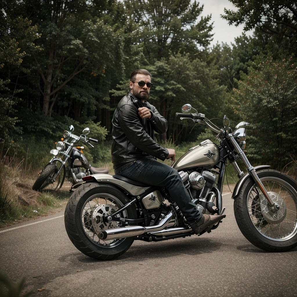 A guy from an American Mc motorcycle gang sits backwards on a chopper.