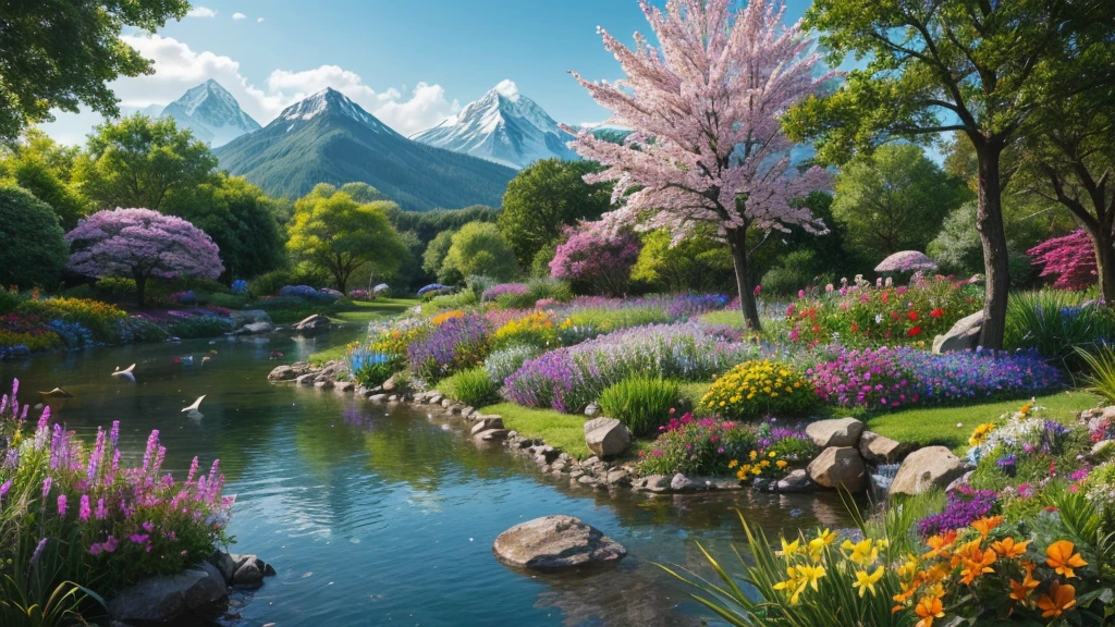 "Create a vibrant and diverse natural scene showcasing flora and fauna in harmony."