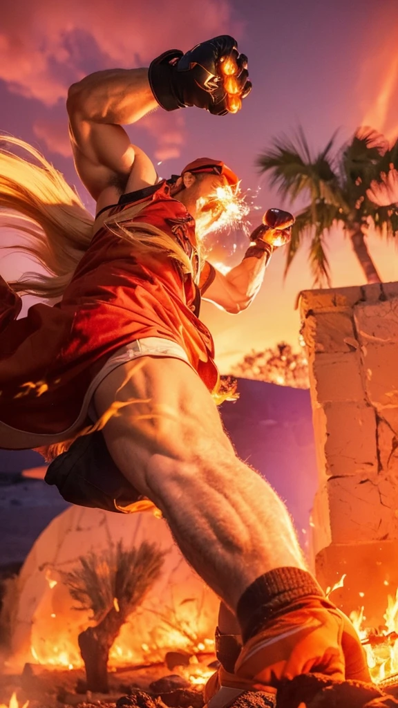 fire, explosion, sunset, flame, muscular, burning, palm tree, torch, orange sky, blonde hair, gloves, ponytail, pyrokinesis, molten rock, breathing fire, fingerless gloves, embers, campfire, tree, hat, dougi, clenched hand, 1boy, evening, punching, male focus, clenched hands, manly, long hair, fireplace, baseball cap, gradient sky, abs, twilight, firing, red sky, leaf, biceps, open mouth, fighting stance, dusk, flaming weapon