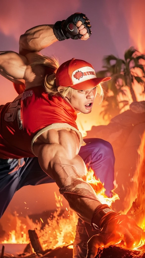fire, explosion, sunset, flame, muscular, burning, palm tree, torch, orange sky, blonde hair, gloves, ponytail, pyrokinesis, molten rock, breathing fire, fingerless gloves, embers, campfire, tree, hat, dougi, clenched hand, 1boy, evening, punching, male focus, clenched hands, manly, long hair, fireplace, baseball cap, gradient sky, abs, twilight, firing, red sky, leaf, biceps, open mouth, fighting stance, dusk, flaming weapon